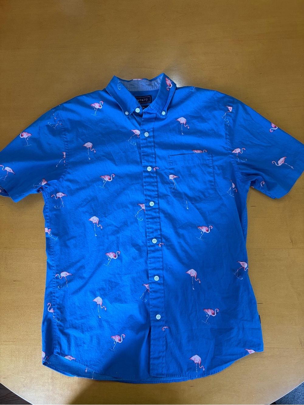 crown & ivy Blue Short-Sleeve Button-Down Shirt with Pink Flamingo Print